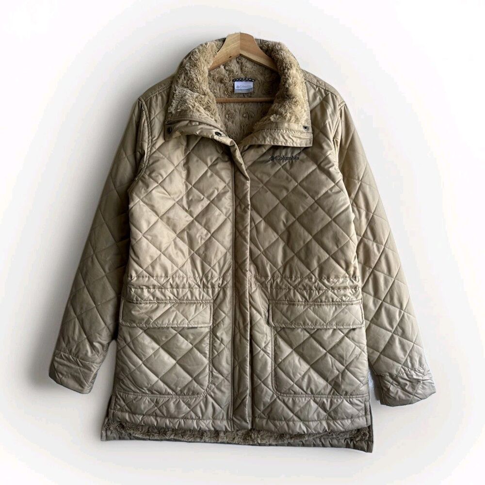 Columbia Women's Large Beige Copper Crest Novelty Quilted Jacket Faux Fur Lined